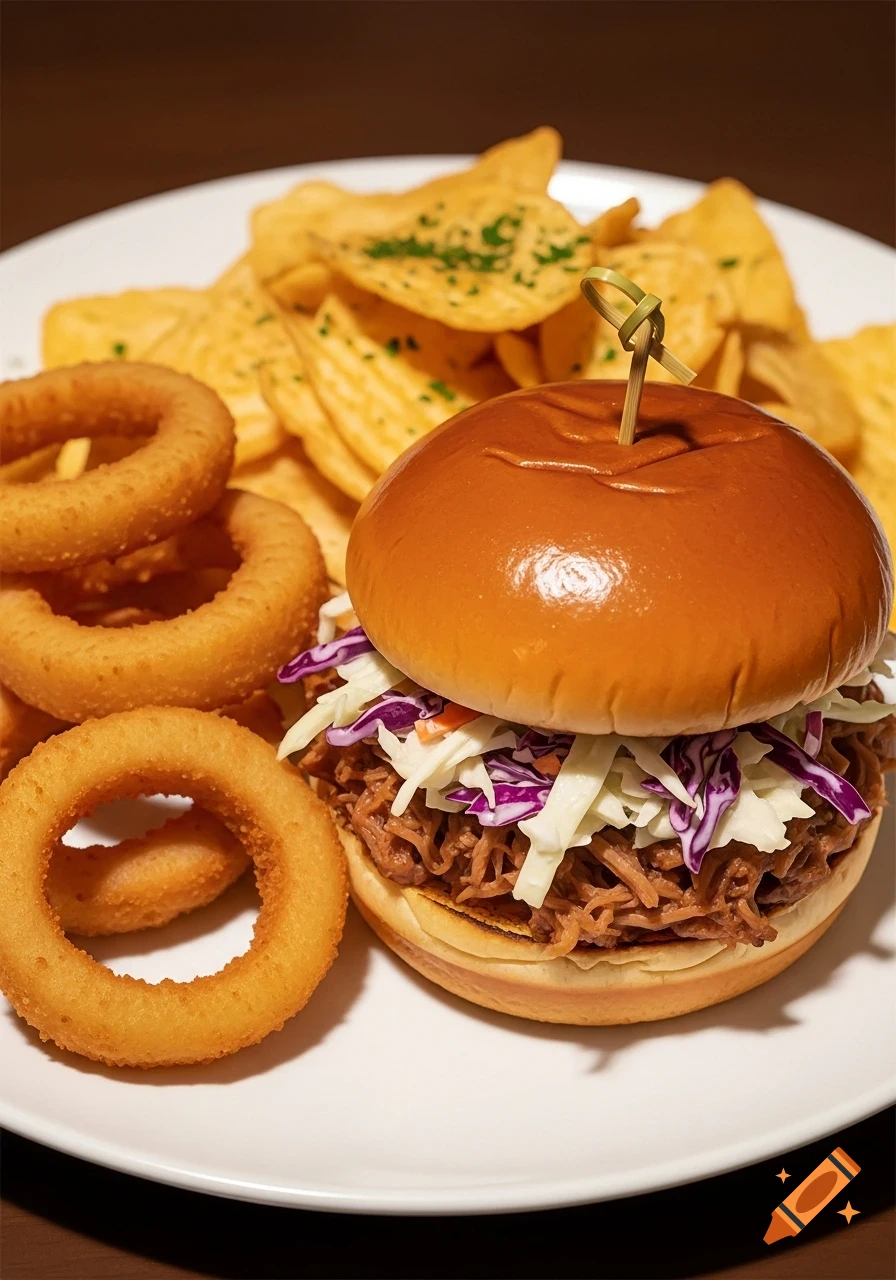 A pulled pork sandwich with coleslaw, a side of crispy onion rings, and potato chips on a white plate.
