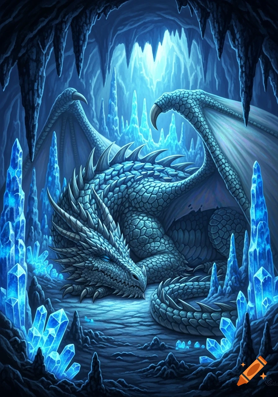 A massive, ultra-detailed blue dragon sleeps coiled in a crystal cave, glowing blue crystals illuminate its scales, fantasy art.