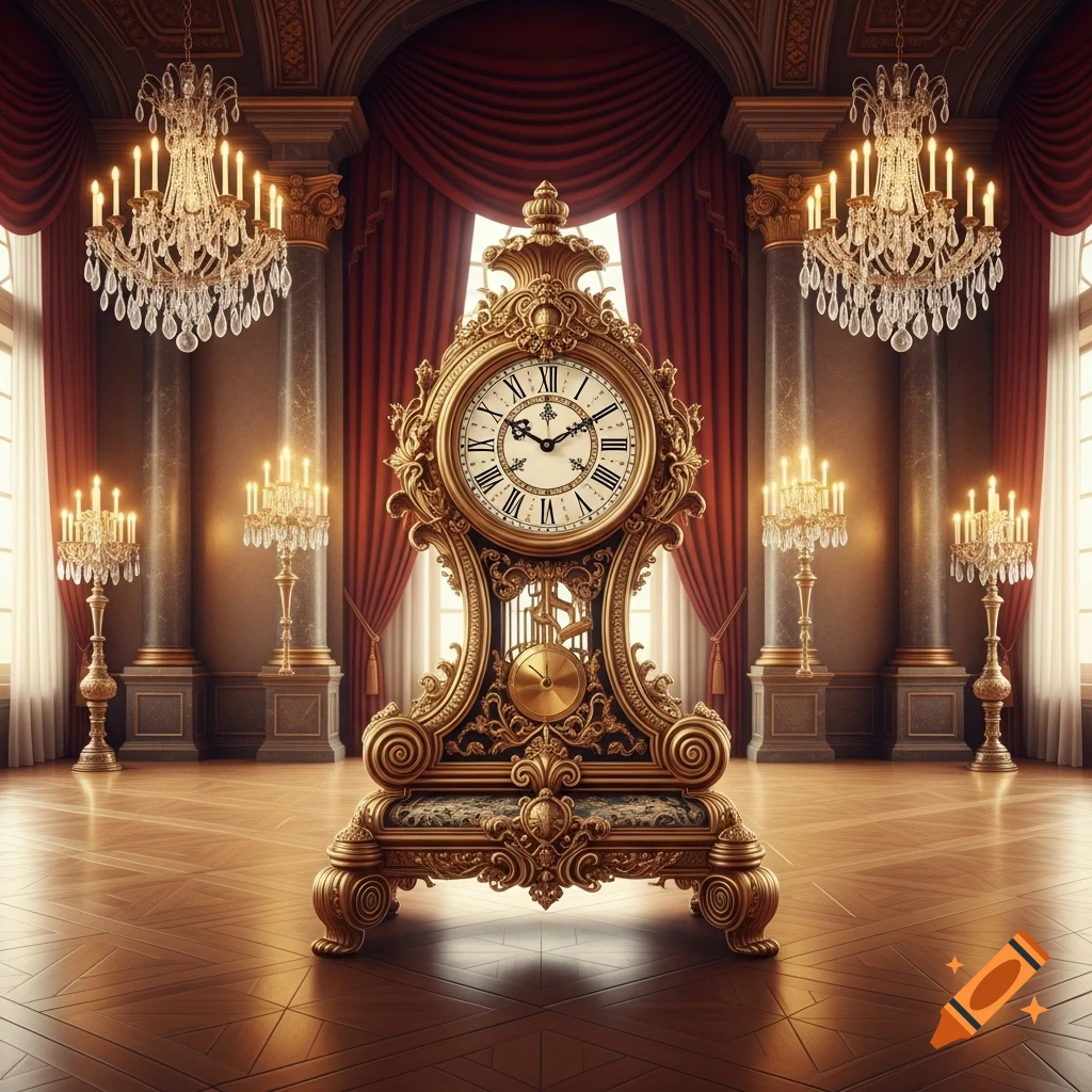 An ornate golden grandfather clock stands in the center of a luxurious room with high ceilings, chandeliers, and red curtains.