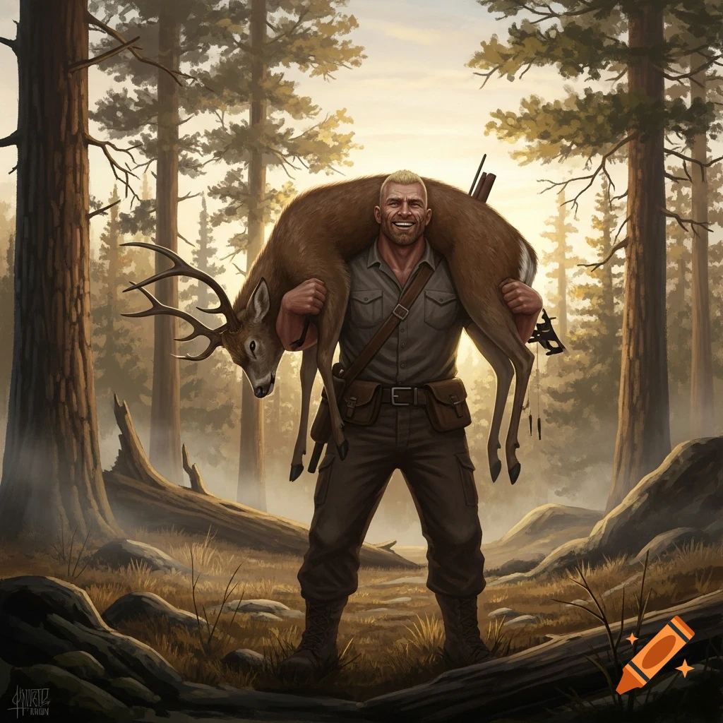 A muscular, smiling hunter with short blonde hair carries a dead deer on his shoulders through a sunlit forest, digital painting.