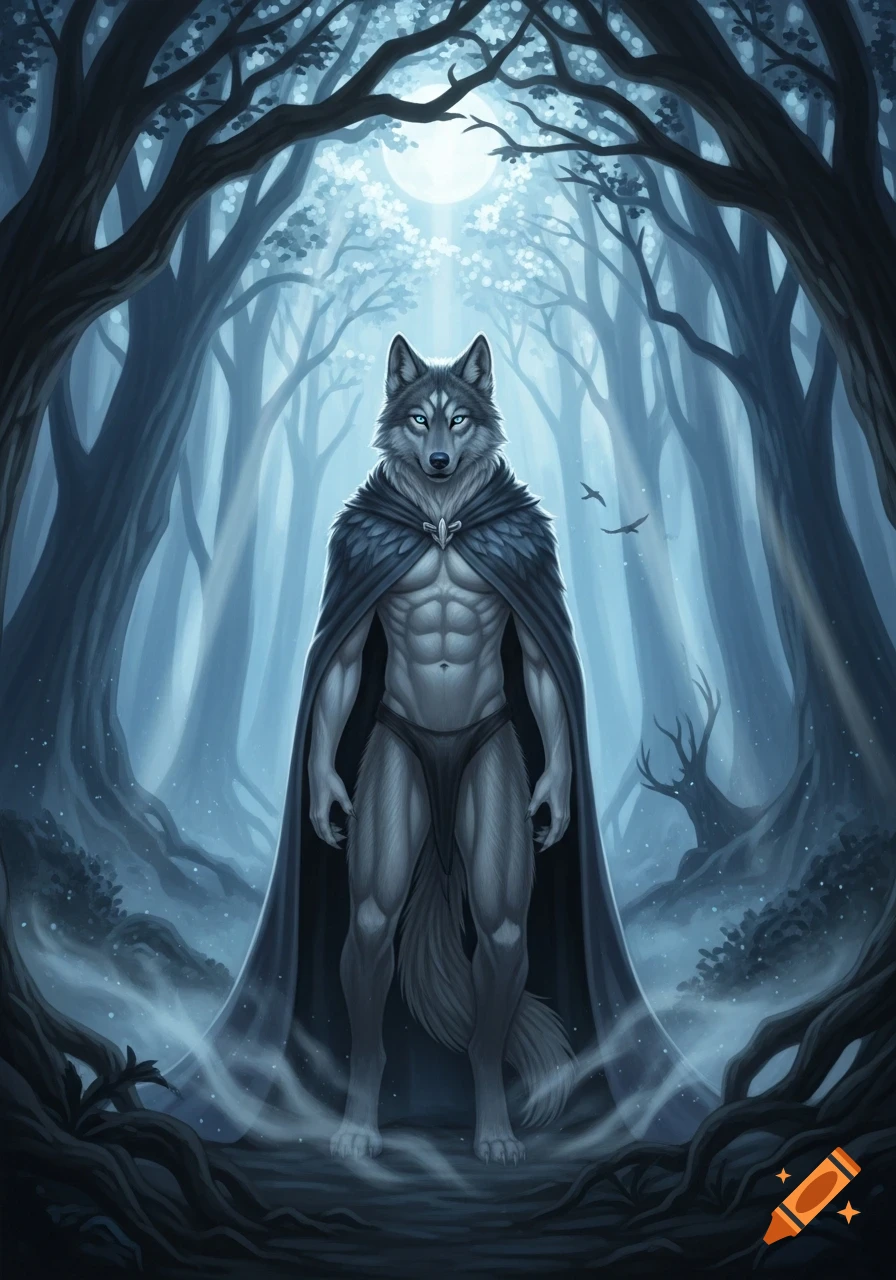 Muscular bipedal wolf-like creature with blue eyes and a dark cape, standing in a misty, moonlit forest.