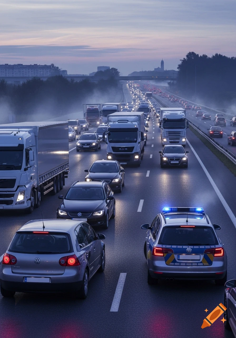 A busy highway at dusk with a major traffic jam, including cars, trucks, and a police vehicle with flashing blue lights.
