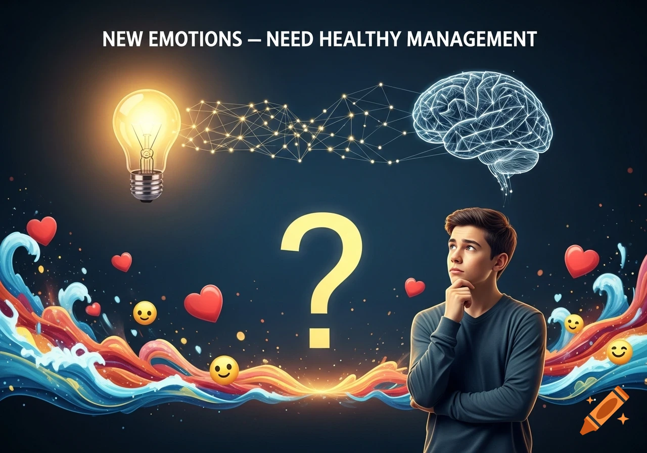 A thoughtful teenager surrounded by a question mark, glowing lightbulb, brain, hearts, and colorful waves, with text 'New emotions iee healthy management'.