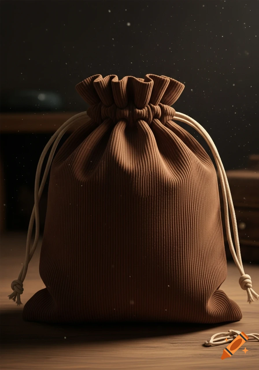 A photorealistic image of a brown wide wale corduroy drawstring pouch with white cords, resting on a wooden surface.