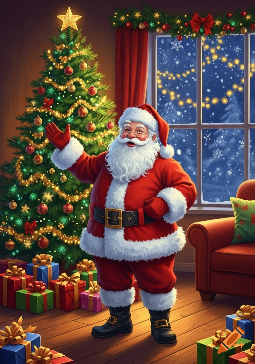 Santa Claus stands in a festive room with a decorated Christmas tree and presents, looking cheerful.