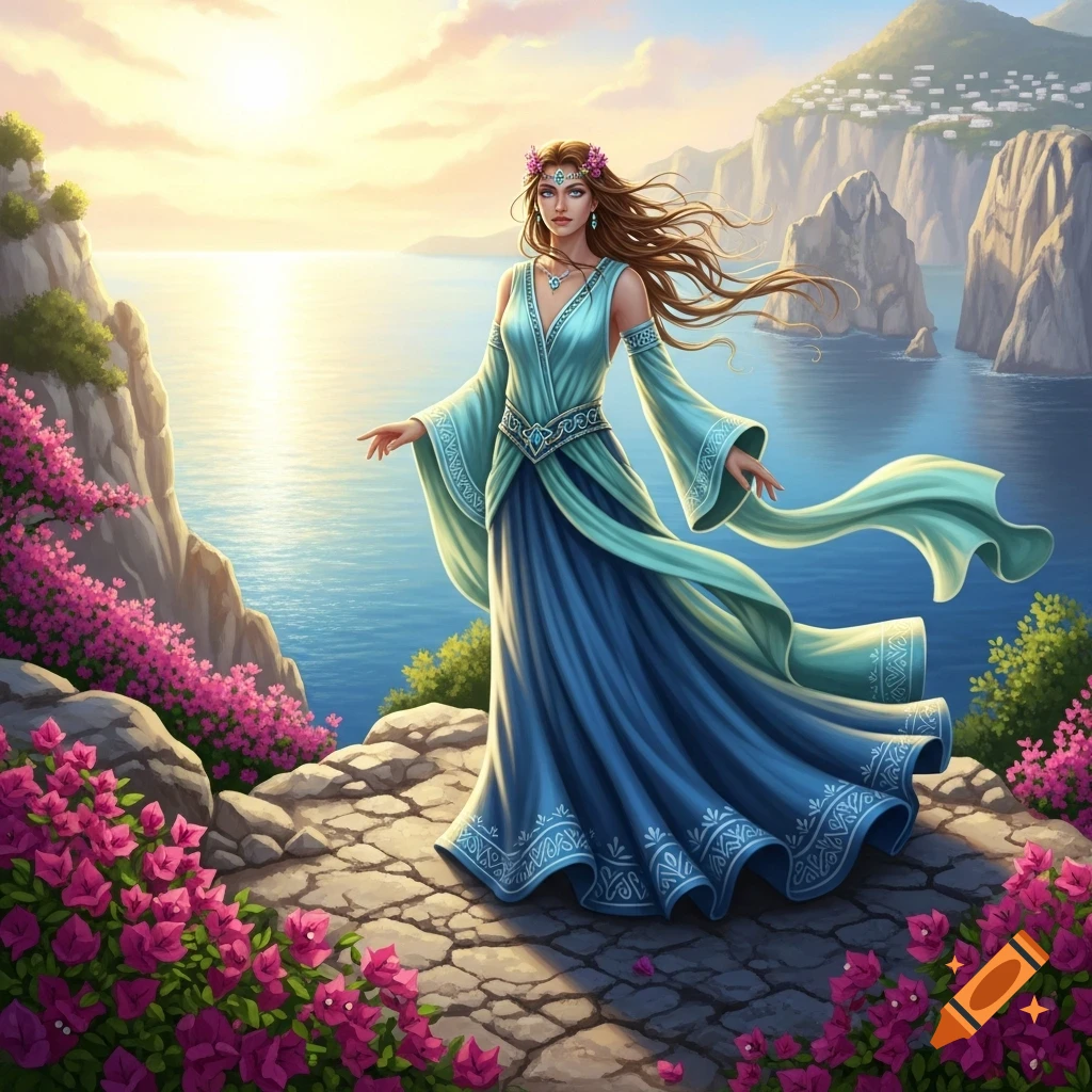 A woman in a flowing teal and blue dress stands on a cliff overlooking a sparkling blue sea and distant islands at sunset, surrounded by pink flowers.