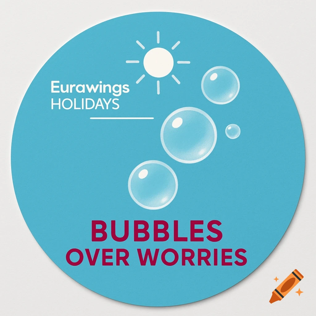 A round blue sticker with white text 'Eurawings HOLIDAYS', a stylized sun, white transparent bubbles, and red text 'BUBBLES OVER WORRIES'.
