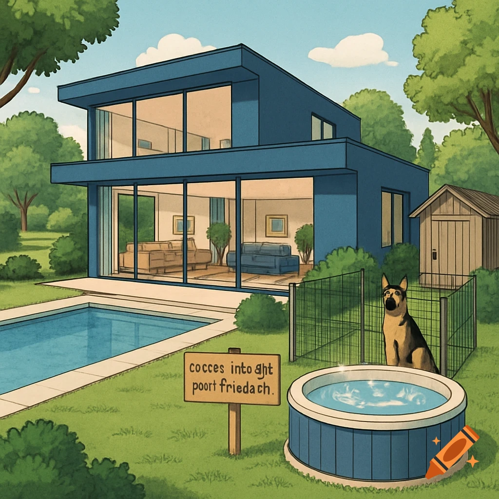A blue modern villa with a pool, jacuzzi, German Shepherd in an enclosure, and a shed in a park-like garden. Drawing style.