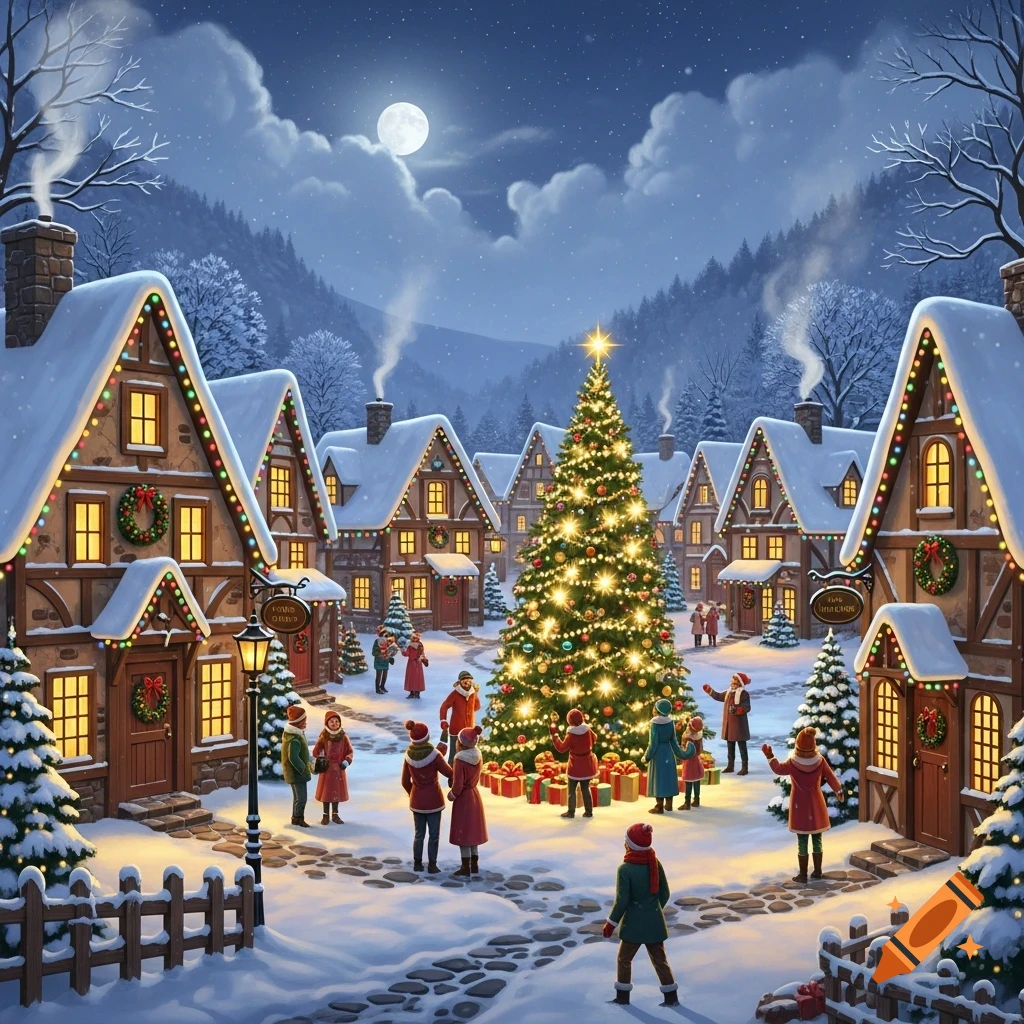 A festive, snow-covered Christmas village scene at night with a large decorated tree, people, and warmly lit houses under a full moon.