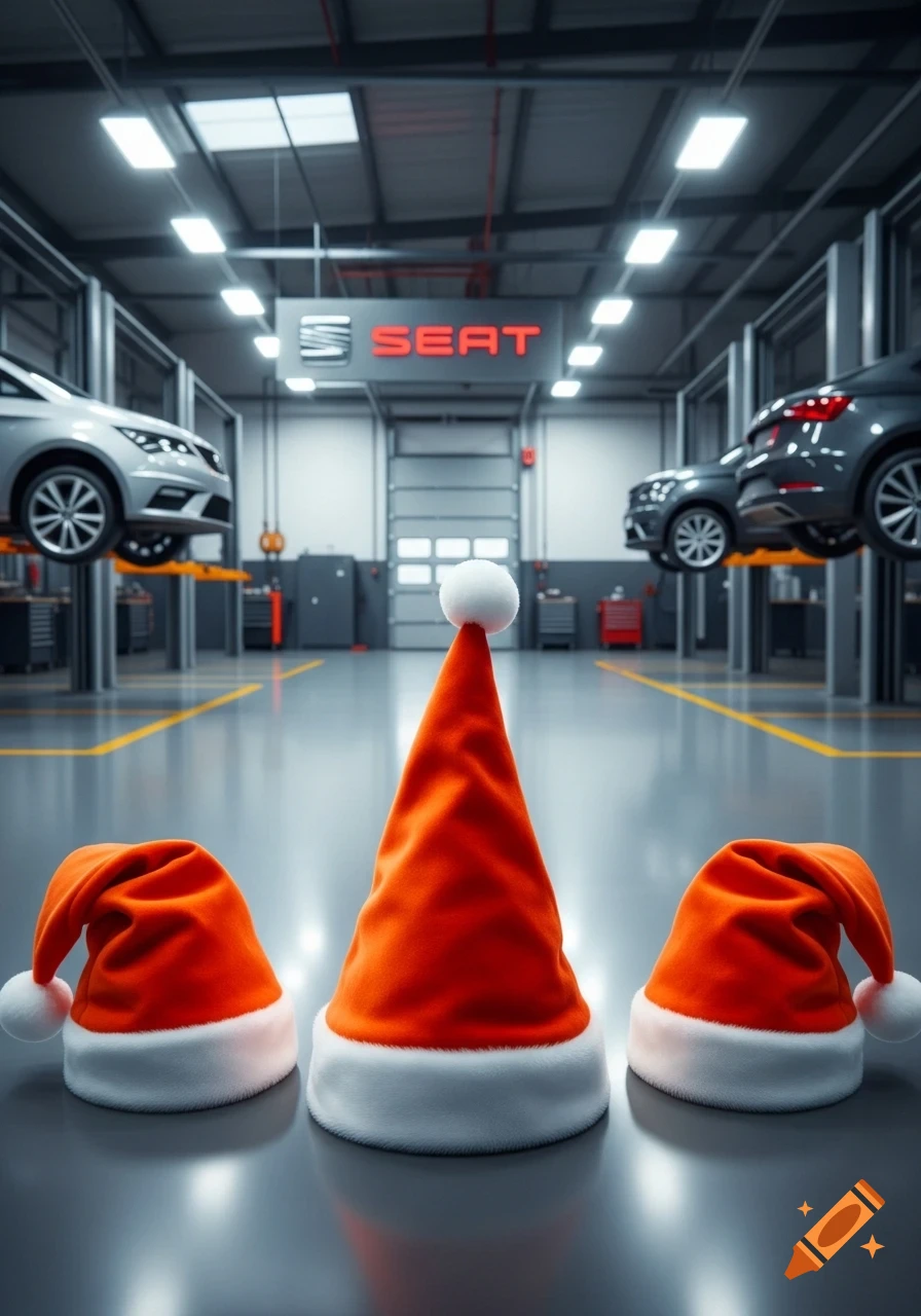 Three orange Santa hats on a glossy floor, with two cars on lifts in a modern Seat car workshop in the background.