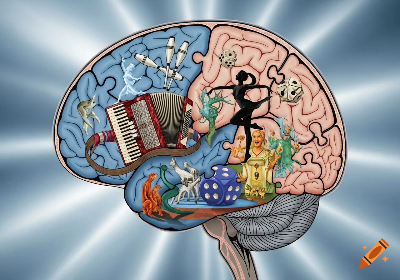 Stylized illustration of a human brain cross-section filled with an accordion, dancers, juggling pins, animals, and dice, arranged like puzzle pieces.
