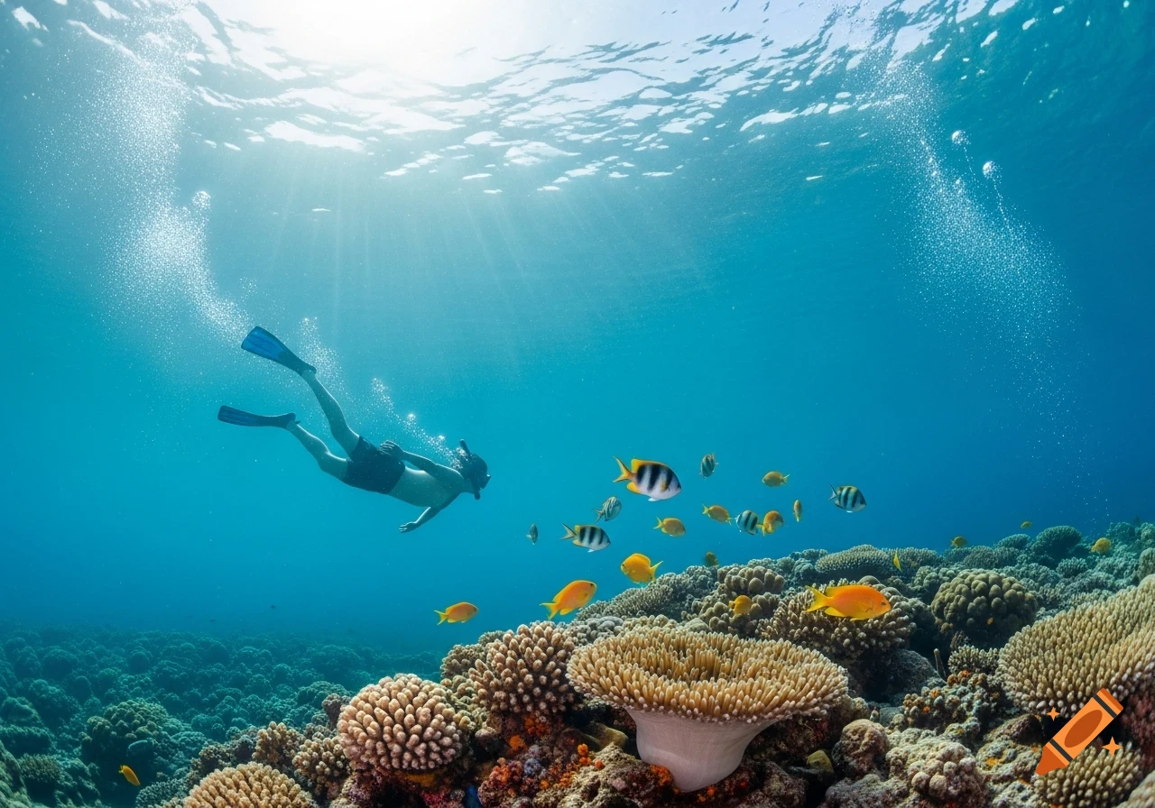 A person snorkeling over a vibrant coral reef teeming with colorful fish in clear blue ocean water, with sunrays piercing the surface.