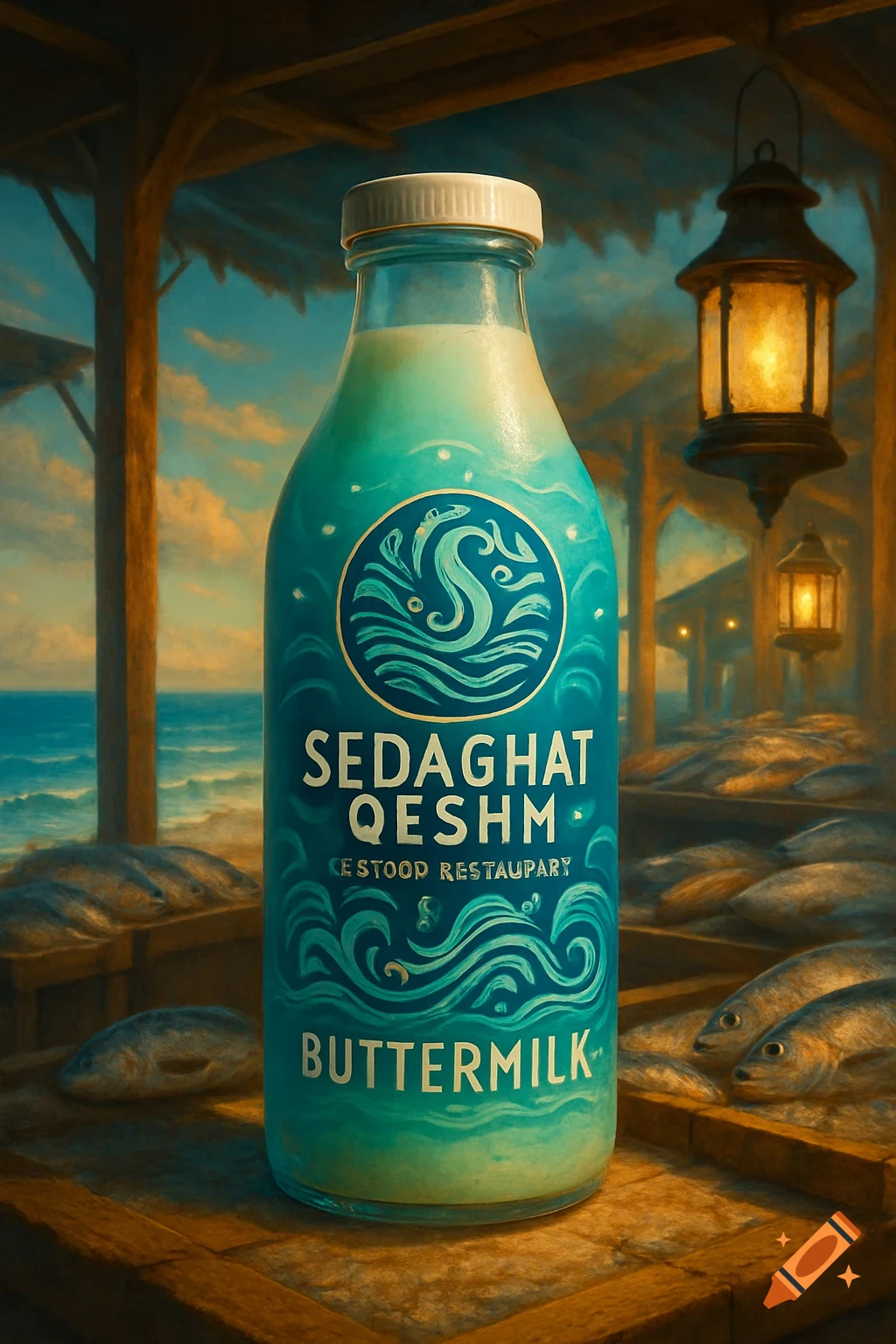 A teal buttermilk bottle with a wavy 'S' logo on a wooden surface with fish, overlooking a blue sea and lanterns.