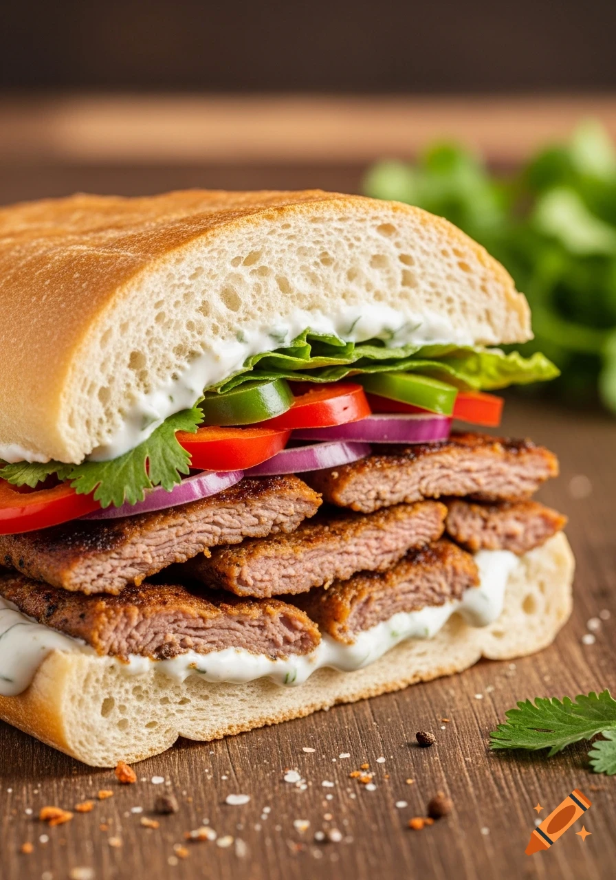 Close-up, photorealistic image of a kebab sandwich filled with grilled meat slices, red onions, tomatoes, green peppers, lettuce, and white sauce on a wooden surface.