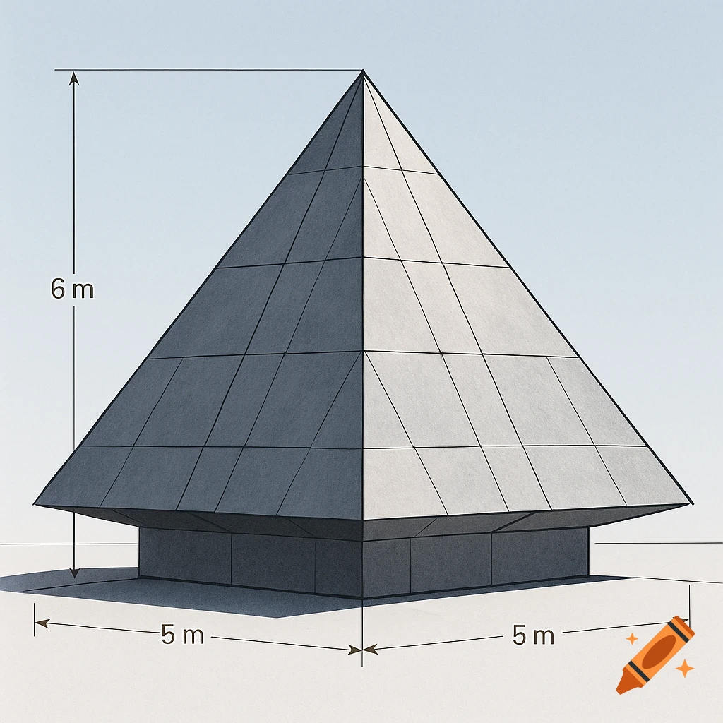 A 3D diagram of a gray pyramid-shaped roof on a square base, with dimensions indicating 6m height and 5m base width.