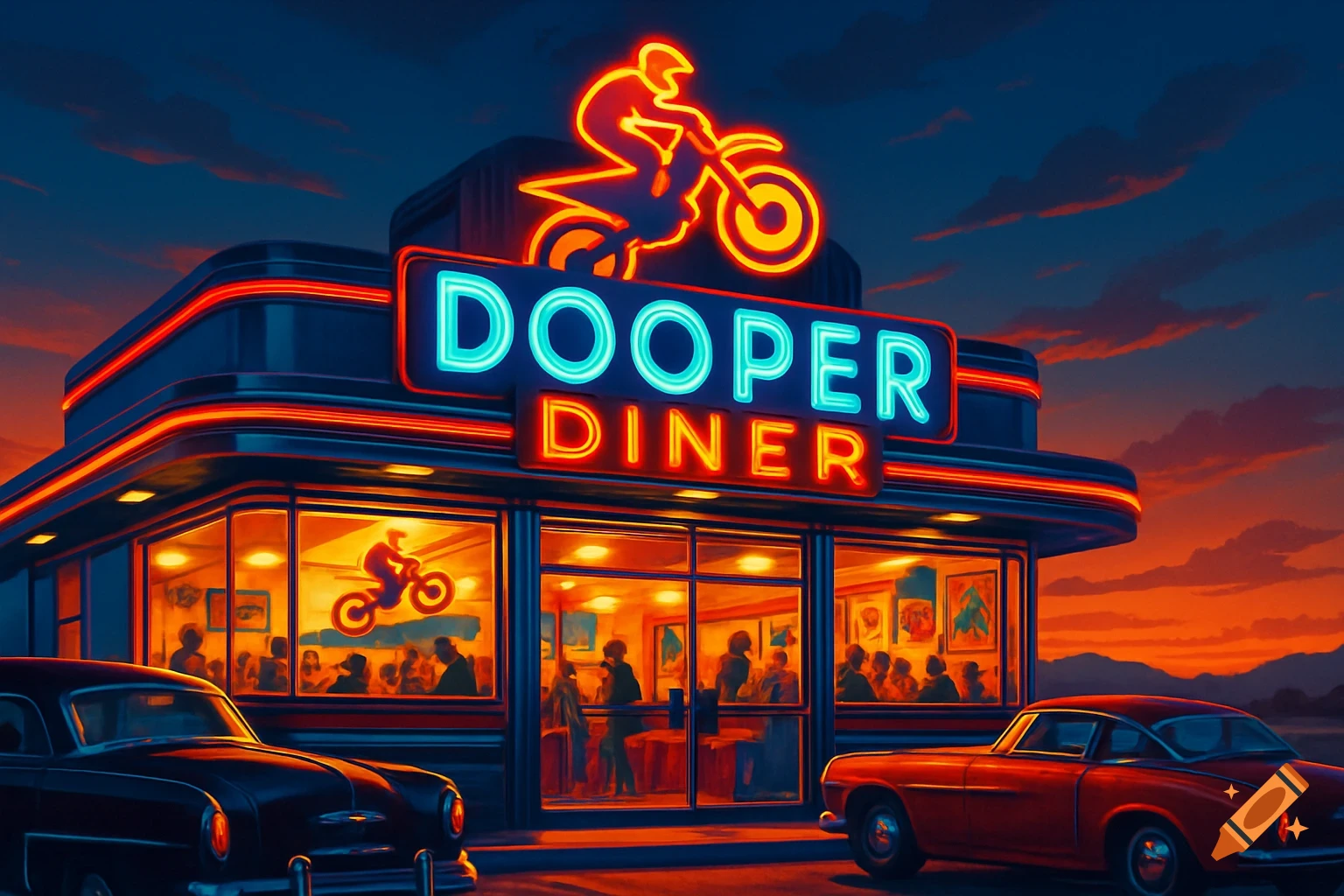 A retro-style diner with a neon 'DOOPER DINER' sign and dirt bike logo, classic cars parked outside under a vibrant sunset sky.