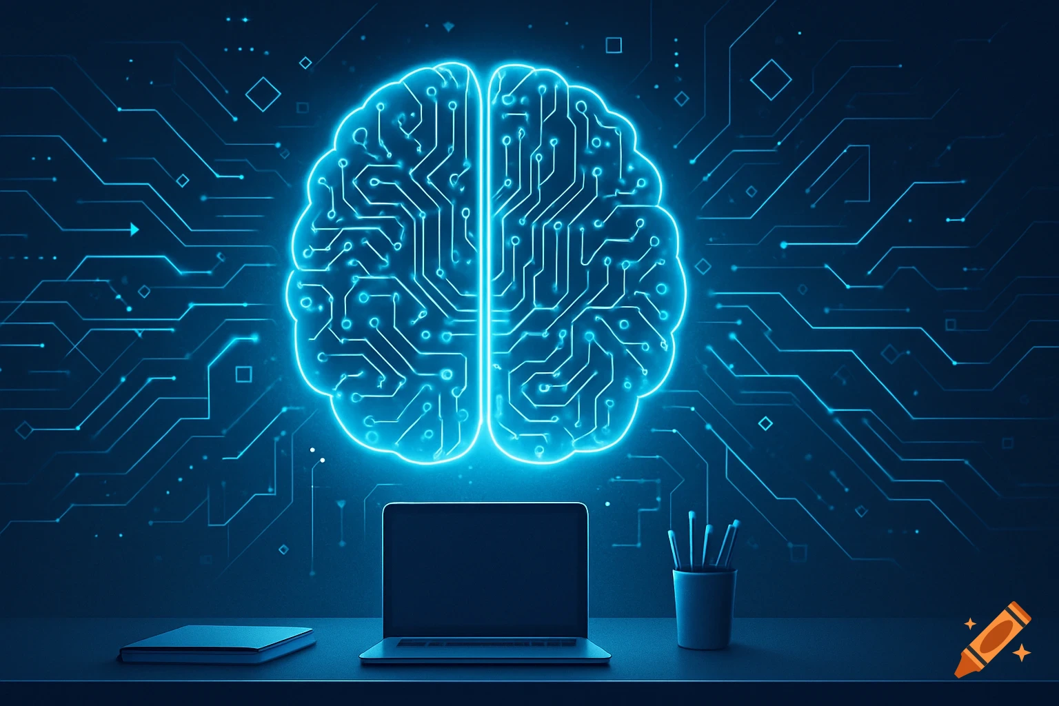 Glowing blue circuit brain floats above a minimalist desk with a laptop and pen holder, representing AI and futuristic technology.