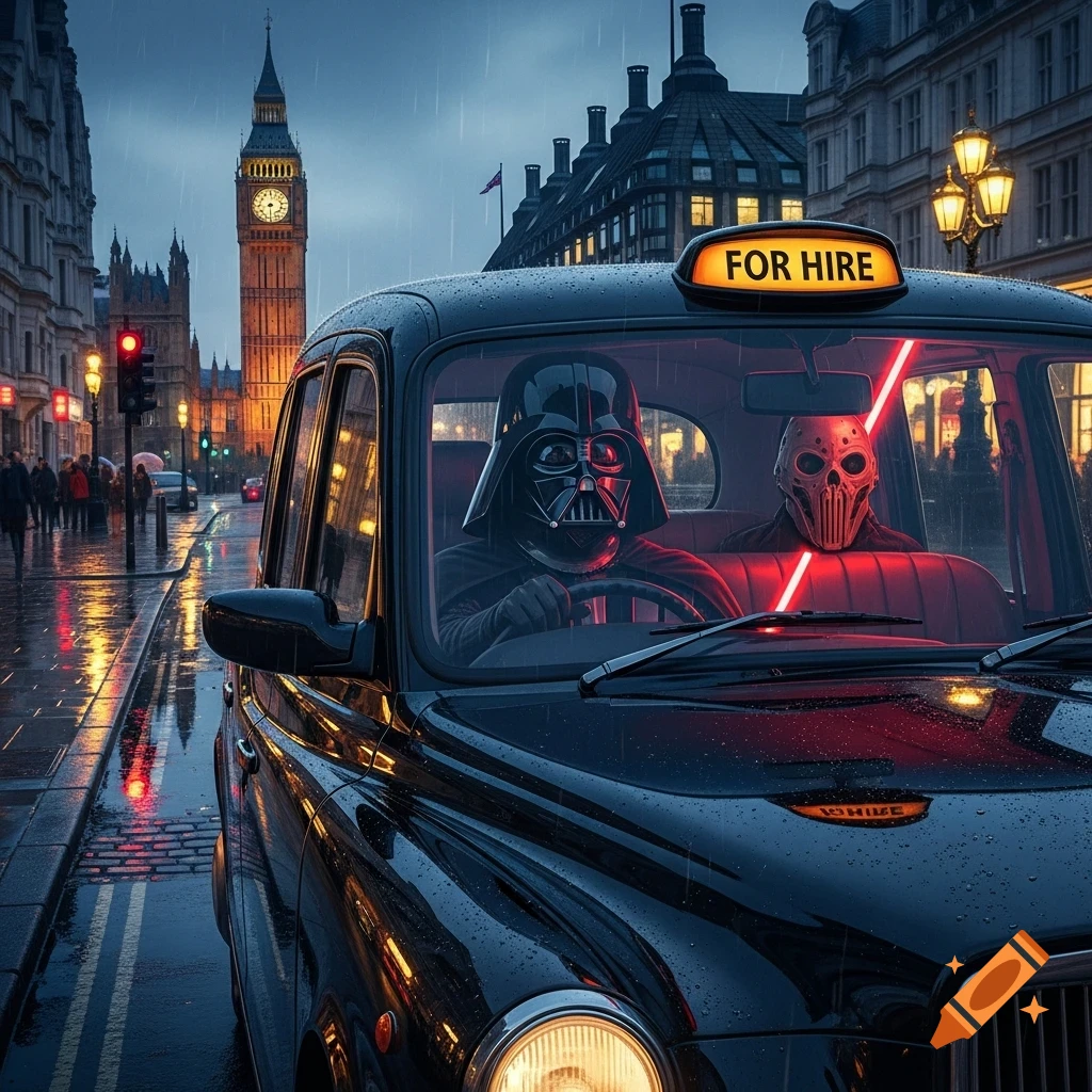 Darth Vader drives a black London taxi on a rainy street with Big Ben in the background, another masked figure sits in the back.