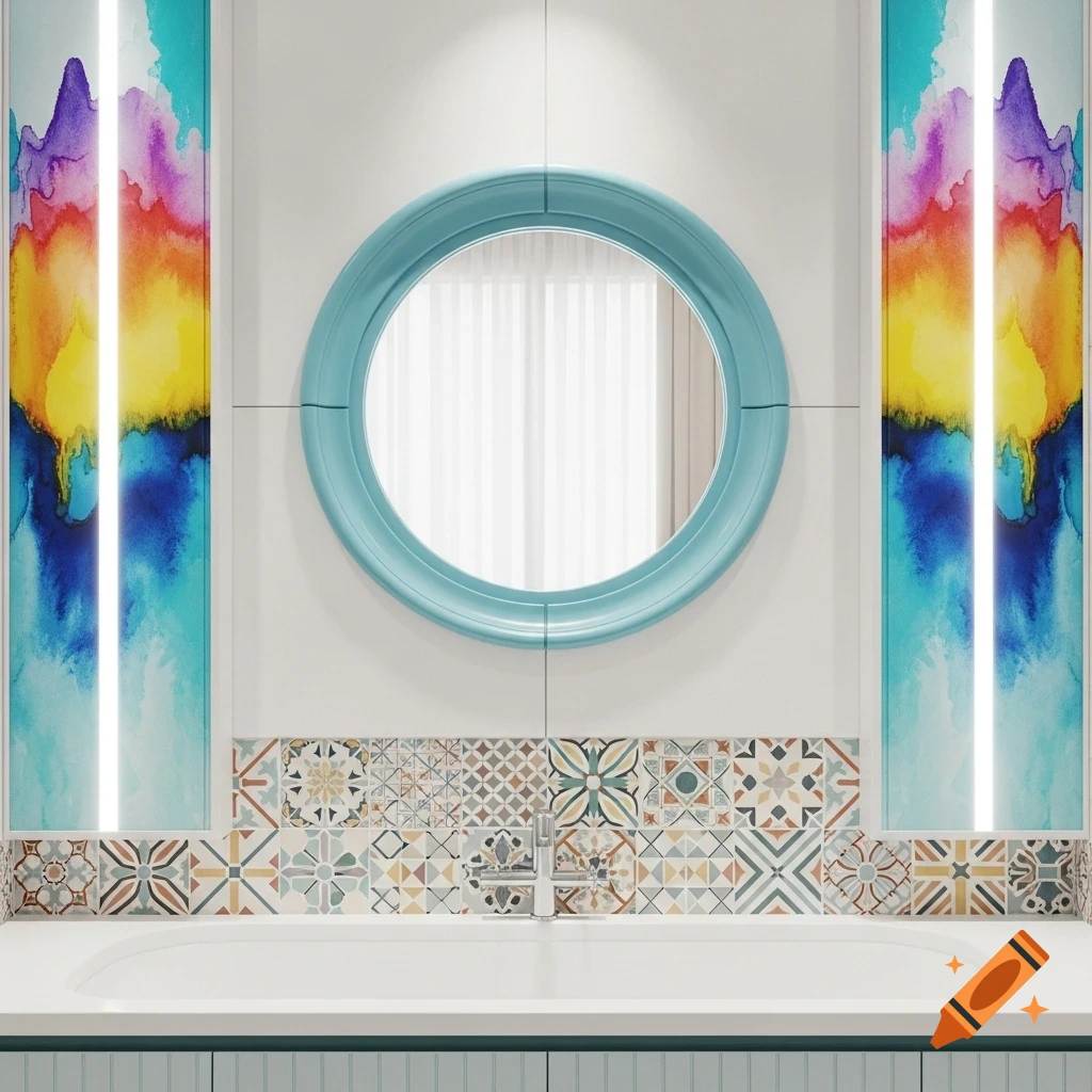 Modern bathroom wall with a round blue mirror, colorful watercolor-style panels, and decorative patterned tiles above a white bathtub.