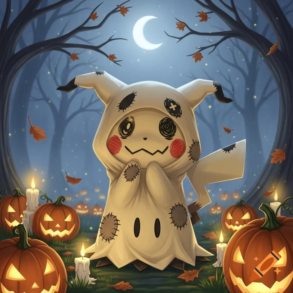 Cute Mimikyu in a ghost costume surrounded by glowing jack-o'-lanterns and candles under a crescent moon in a spooky forest at night.