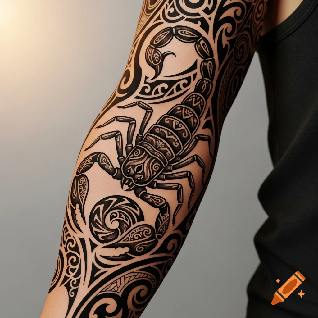 A detailed black tribal scorpion tattoo in Maori-inspired art style on a person's arm.