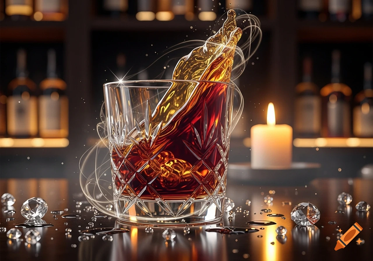 Photorealistic close-up of amber liquid splashing dramatically from a crystal glass, surrounded by sparkling elements and a lit candle on a dark bar.