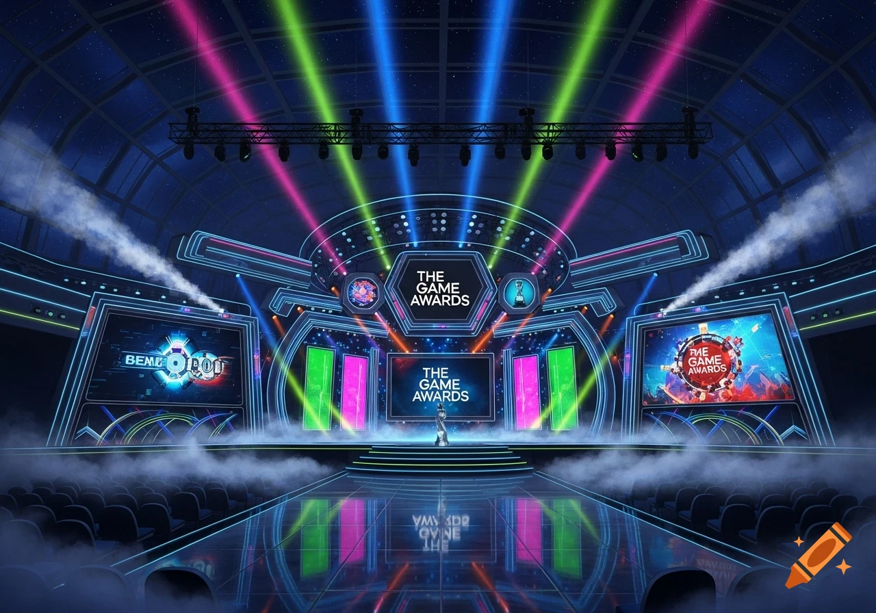 A futuristic awards stage with neon lights, multiple screens displaying "The Game Awards" and other text, and a reflective floor.