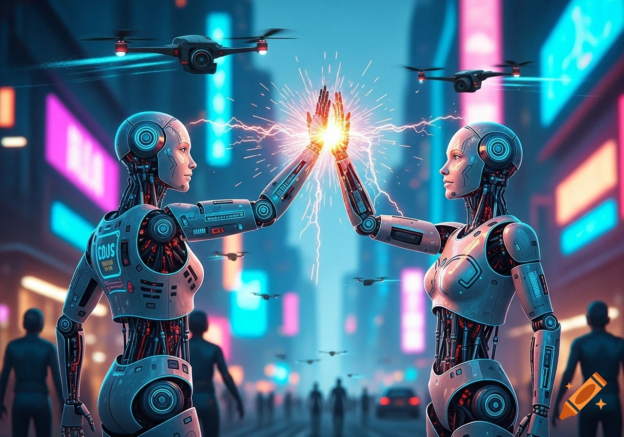 Two futuristic robots high-five in a neon-lit cyberpunk city with drones flying overhead.