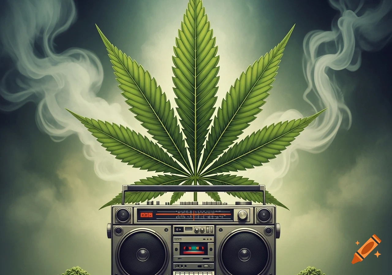 A detailed green cannabis leaf behind a retro silver boombox, with wisps of smoke in the background.