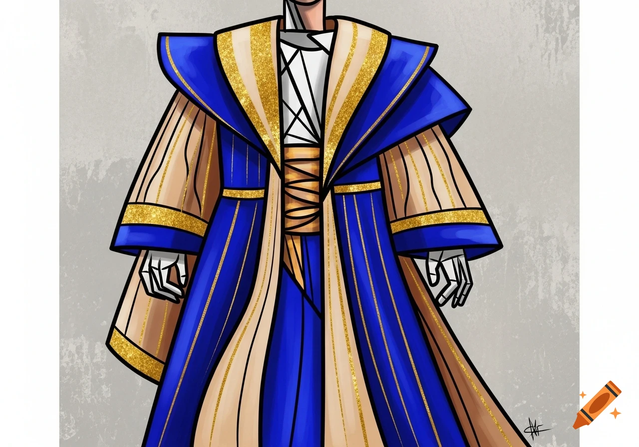 A stylized illustration of a blue, beige, and gold regal garment on an abstract figure in a Picasso-esque style.