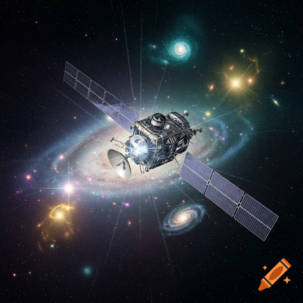 A detailed satellite with solar panels orbits in deep space, surrounded by glowing galaxies and stars.