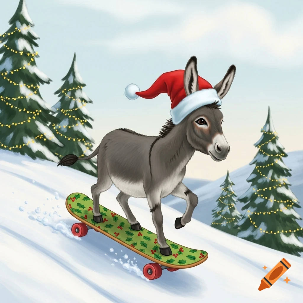 A cartoon donkey wearing a Santa hat rides a skateboard down a snowy hill past decorated evergreen trees.