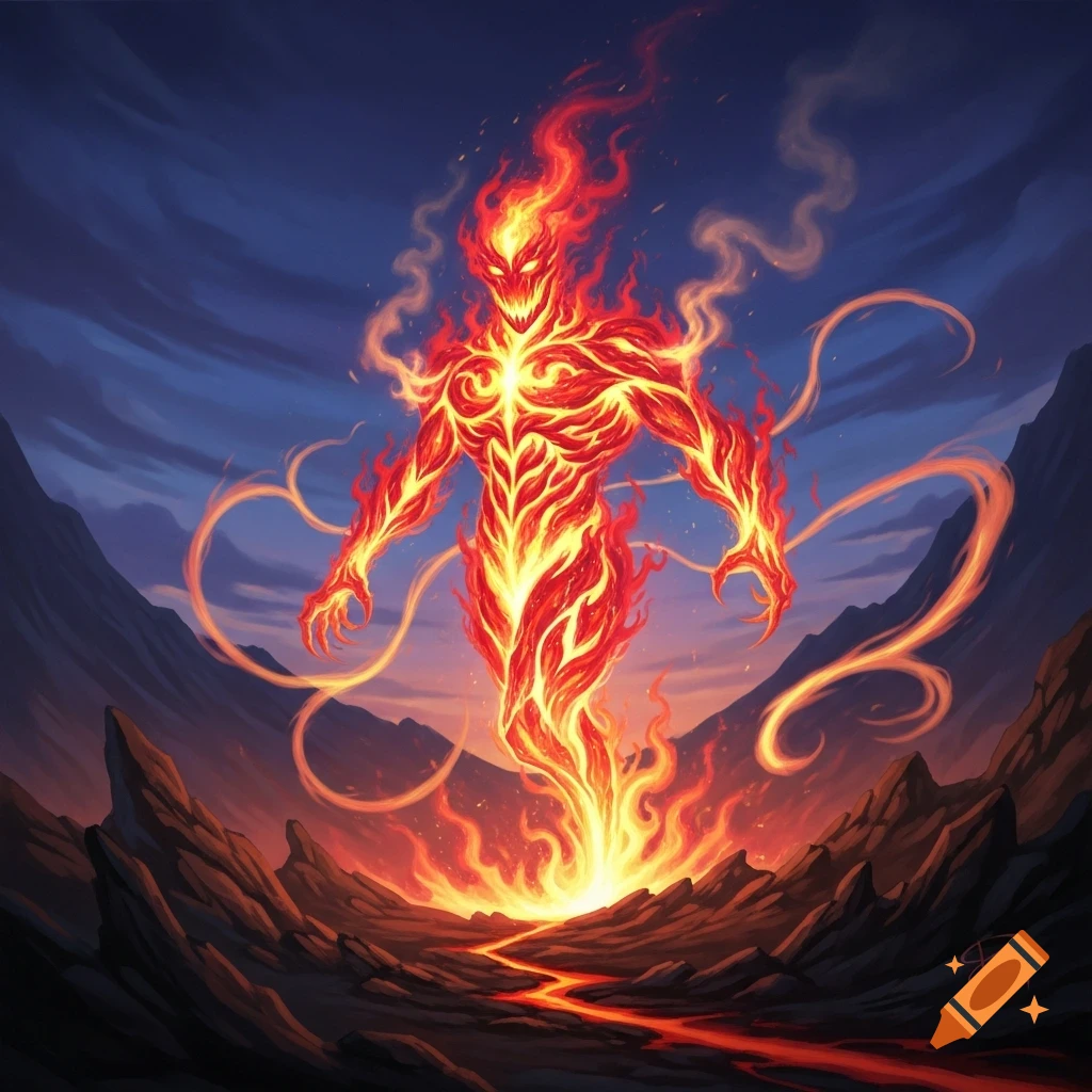 A powerful fire elemental creature with a glowing core and fierce face stands amidst a volcanic landscape with flowing lava.