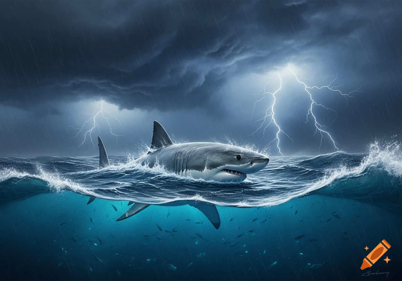A photorealistic great white shark swims through stormy ocean waves as lightning strikes a dark, rainy sky.