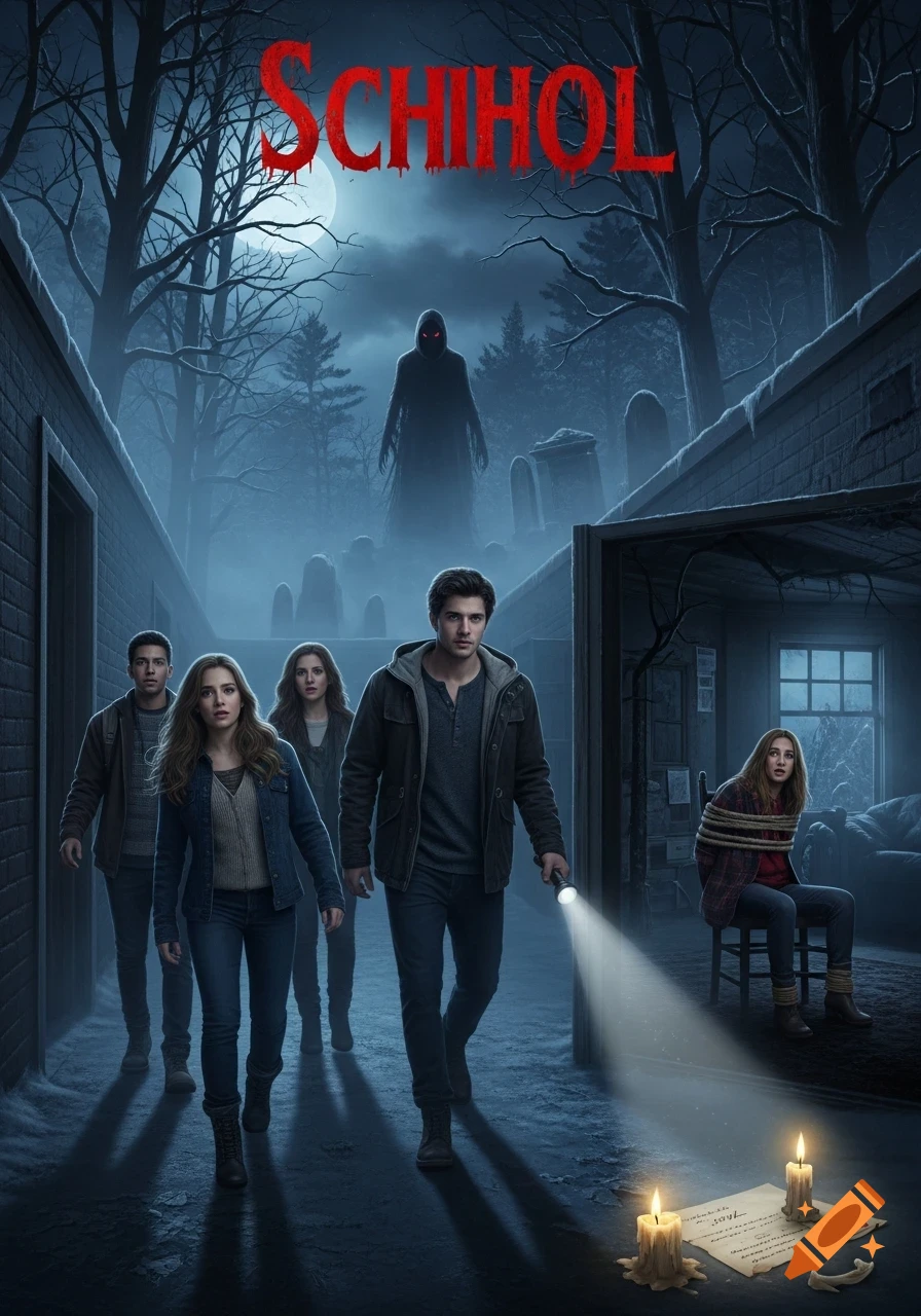A horror movie poster featuring a group of young people with a flashlight in a dark, snowy alley with a monstrous entity looming over a graveyard in the background. One person is tied to a chair in a shack, while two candles and a note are on the ground. The title "SCHIHOL" is at the top.