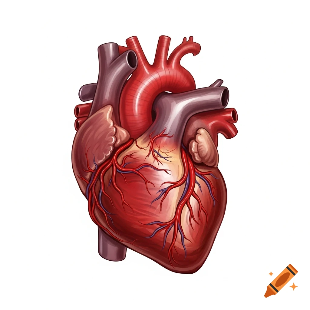 Anatomical illustration of a human heart with major arteries and veins, on a white background.