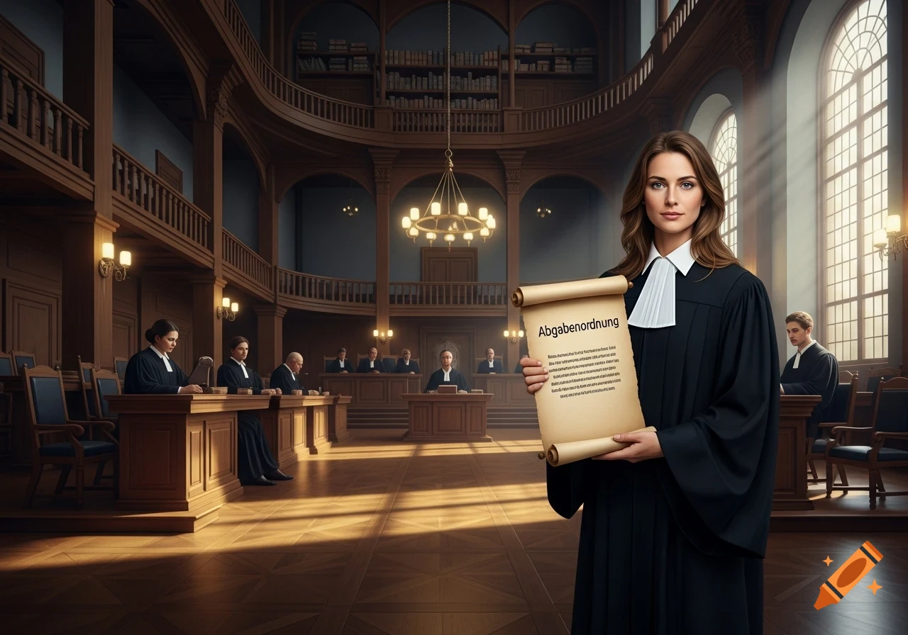 A photorealistic image of a woman in a judge's robe holding a scroll with text in a grand courtroom.