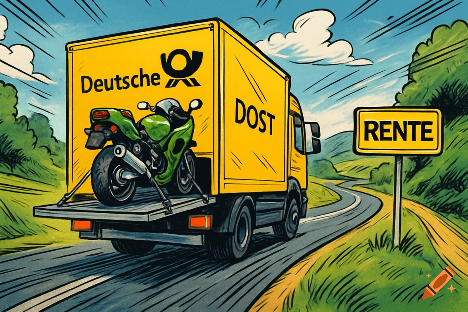 A comic-style image of a yellow delivery truck with a green motorcycle on its open tail lift, driving on a winding road past a "RENTE" sign.