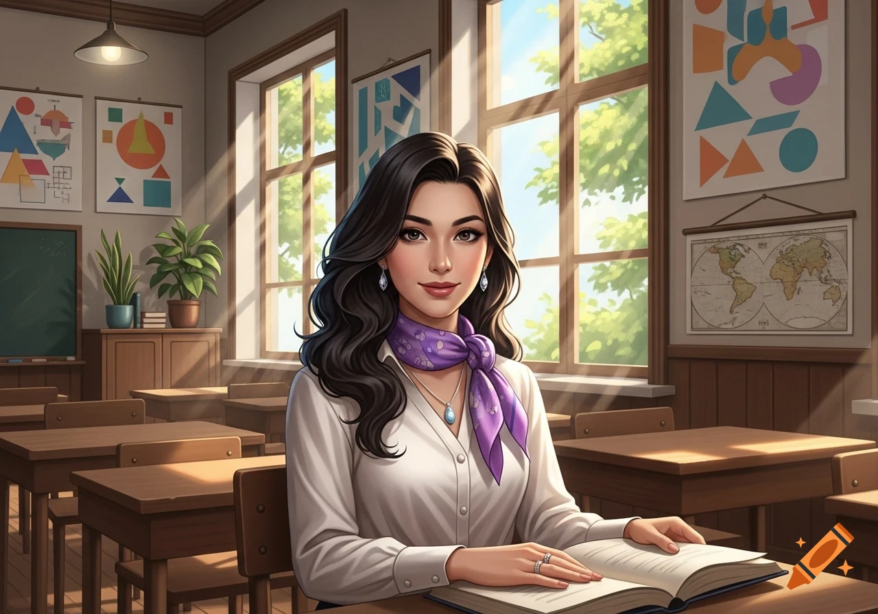 A smiling teacher with dark hair and a purple scarf sits at a desk with an open book in a sunny classroom, in a digital art style.