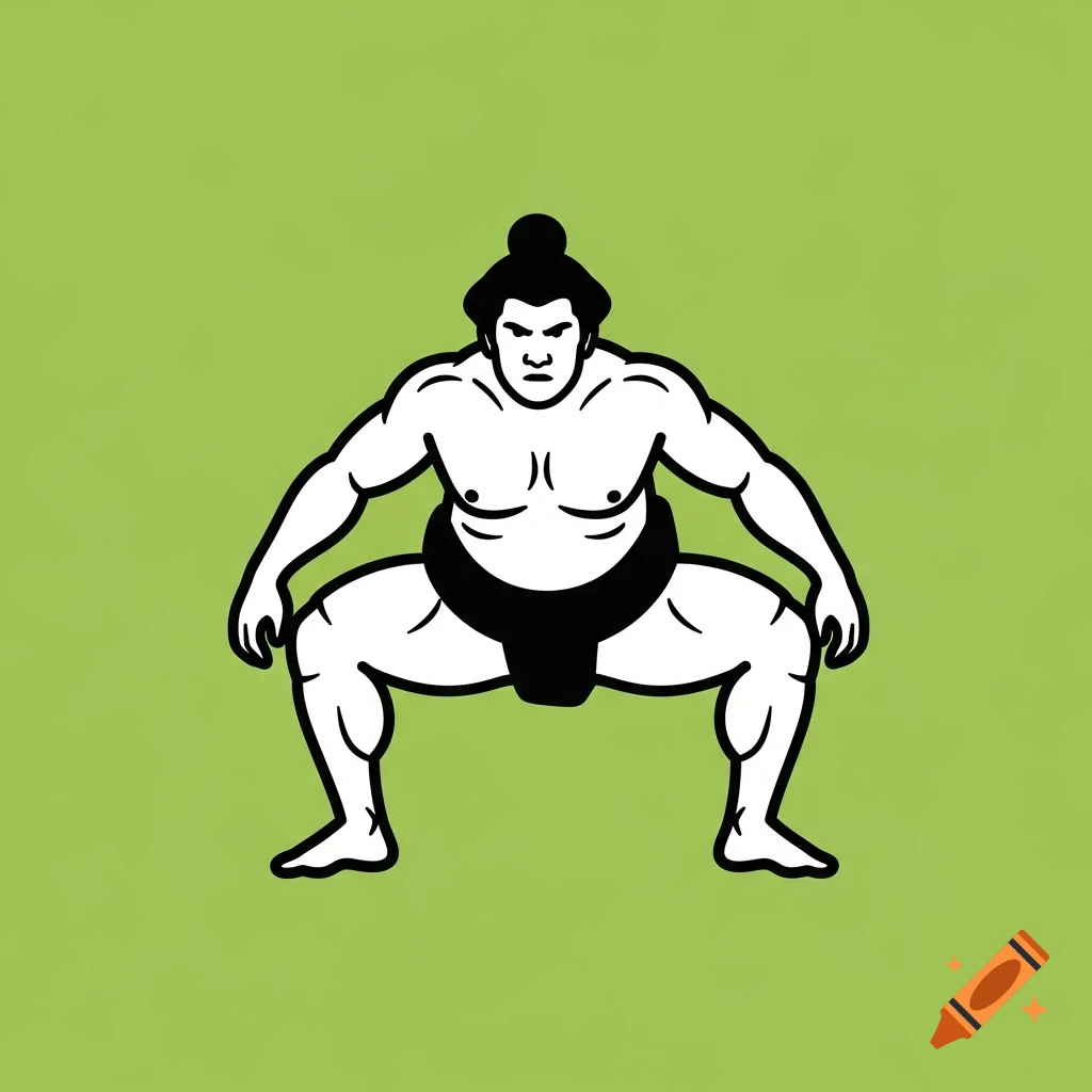 A black and white cartoon icon of a sumo wrestler in a squatting stance with a stern expression, on a green background.