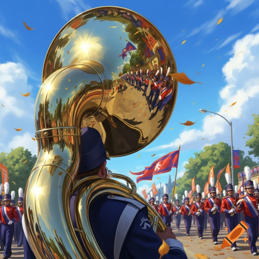 A vibrant illustration of a marching band member playing a golden sousaphone during a sunny parade with autumn leaves and other band members.