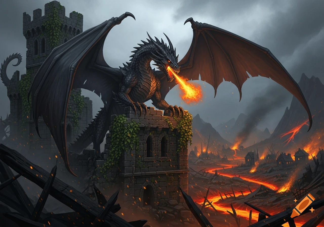 A majestic black dragon with orange eyes breathes fire atop a ruined ivy-covered castle, overlooking a burning village with rivers of lava.