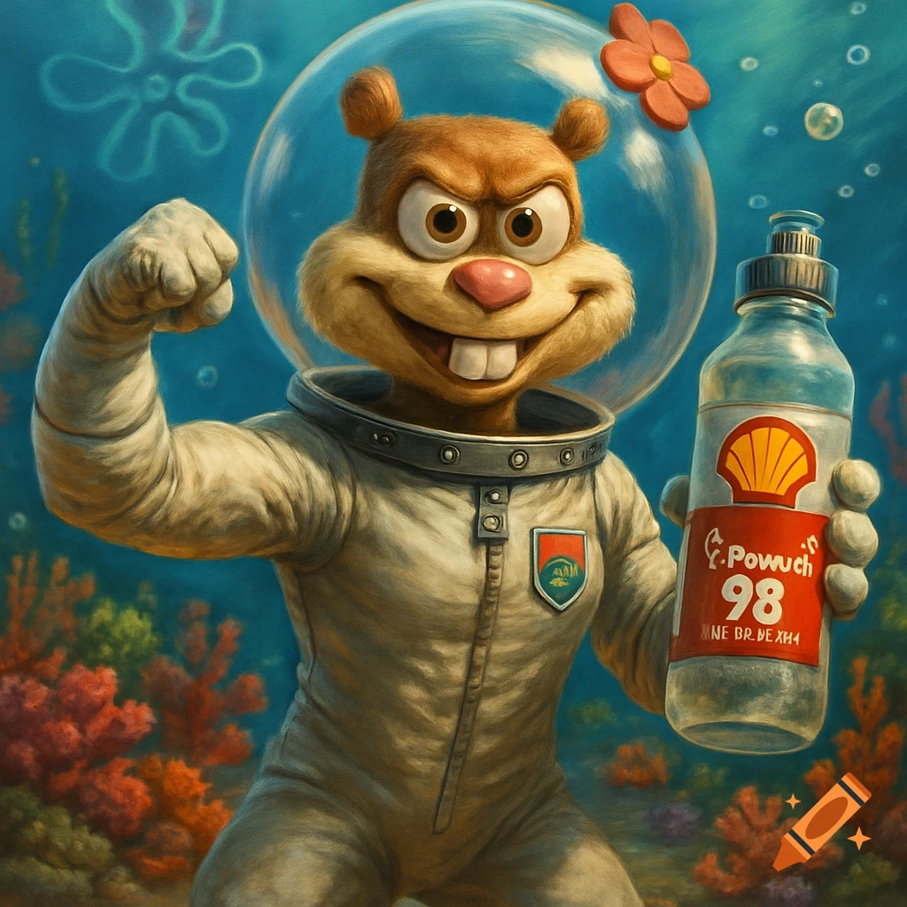 Detailed depiction of Sandy Cheeks in a space suit, flexing a bicep and holding a Shell 98 bottle underwater.