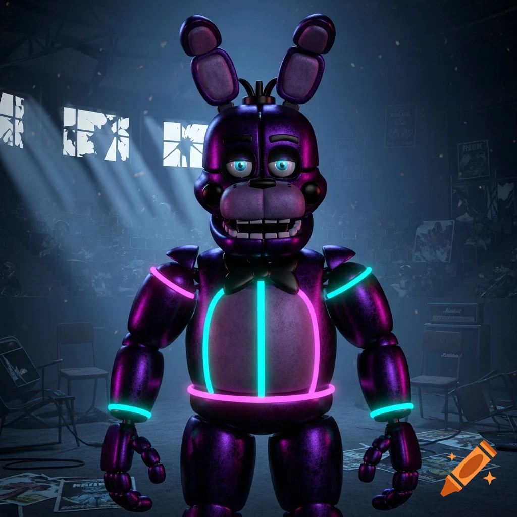 A dark purple animatronic with neon pink and blue lights stands in a dimly lit, rundown room with broken windows, scattered chairs, and posters on the walls.