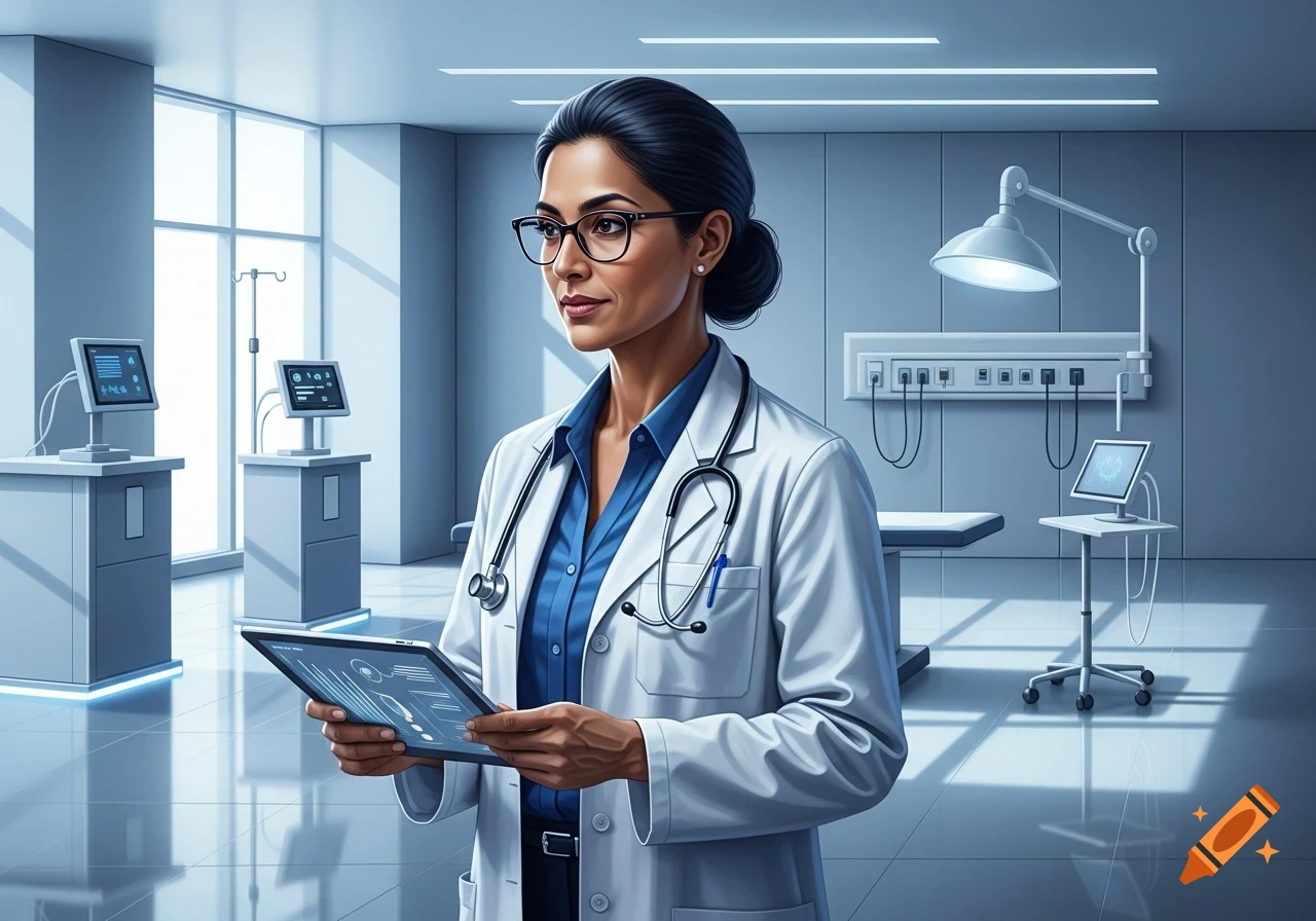 A photorealistic image of a female doctor in a white lab coat and blue shirt, wearing glasses, holding a tablet in a modern medical room.