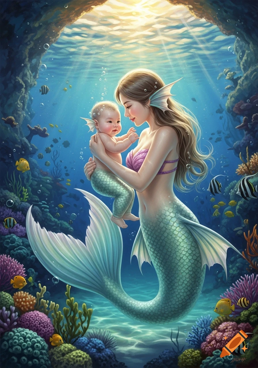 An illustration of a mermaid mother gently holding her baby mermaid in a vibrant underwater coral reef with sunlight.