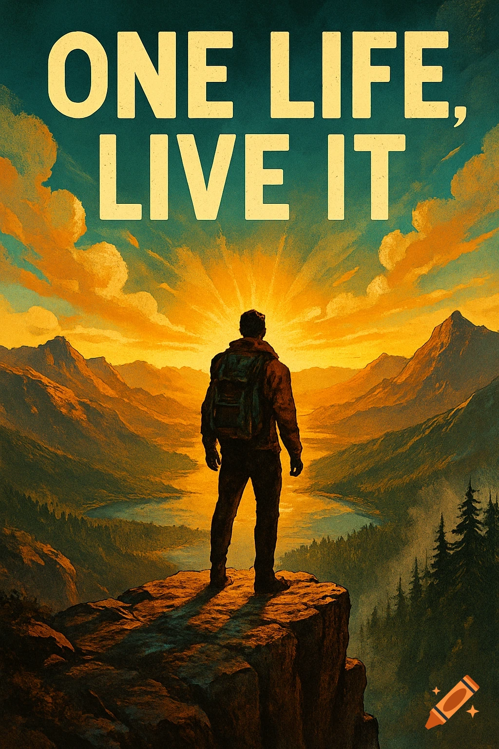 Person on a cliff overlooking a mountain valley at sunrise with 'ONE LIFE, LIVE IT' text.