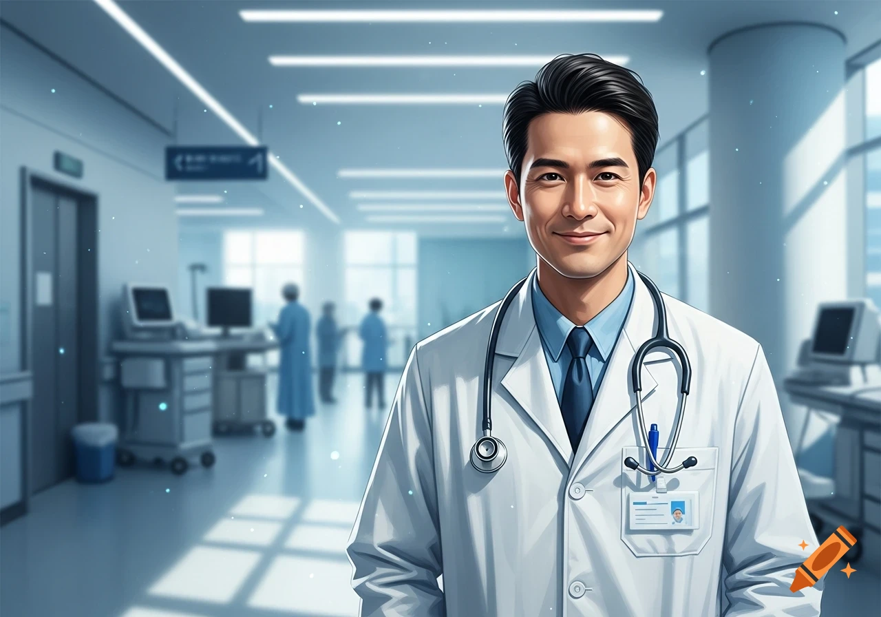A smiling male doctor in a white lab coat and stethoscope stands in a bright, modern hospital hallway.