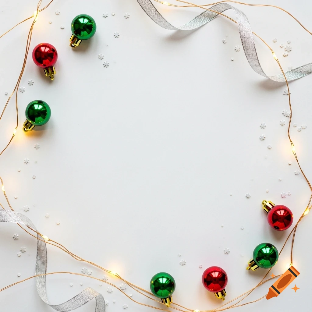 Red and green Christmas baubles, silver ribbon, and fairy lights form a circle on a white background with scattered snowflakes.