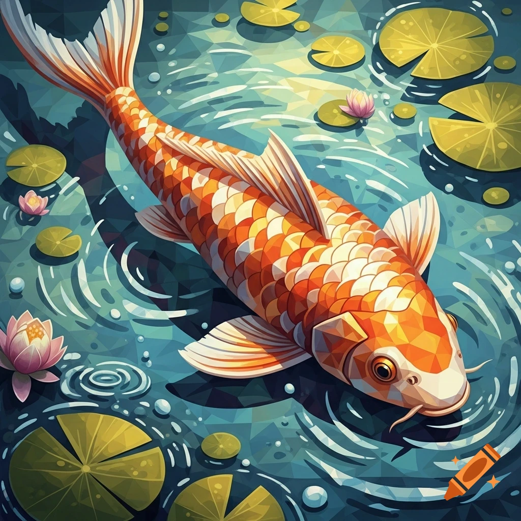 Cubist style illustration of an orange and white koi fish swimming in a pond with lily pads and water lilies.